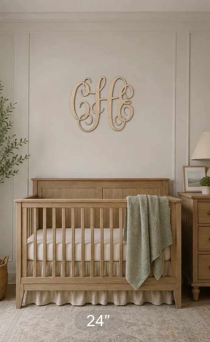 A three-letter vine monogram in natural birch above a wooden crib in a cream nursery.