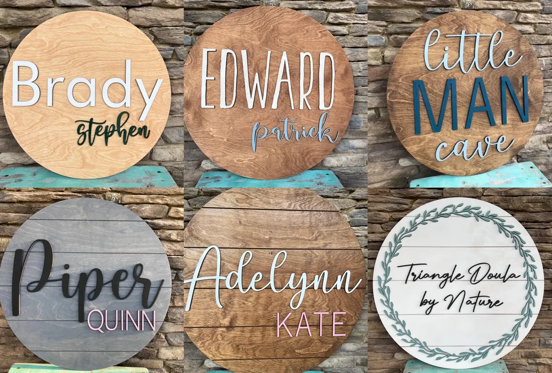 Six plain round signs, each with a first and middle name in two different fonts and colors: Brady Stephen, Edward Patrick, Little Man Cave, Piper Quinn, Adelynn Kate, and Triangle Doula by Nature.